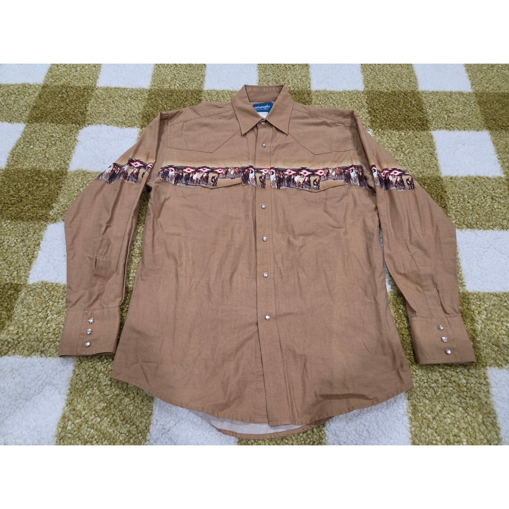 Wrangler Western Shirt Mens XL Tan Wild Horse Graphic Pearl Snap Southwestern